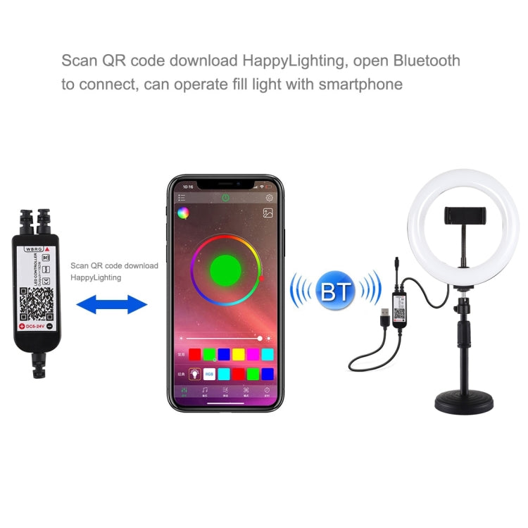 Đèn LED vòng cong PULUZ 7.9 inch 20cm RGBW + đế tròn để bàn có thể điều chỉnh độ sáng, nhiệt độ màu kép, đèn quay video tự sướng vlog kèm kẹp điện thoại, 7.9 inch + đế tròn
