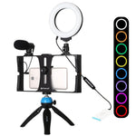Bộ dụng cụ quay video trực tiếp Vlogging 4 trong 1 PULUZ với giá đỡ video điện thoại thông minh, đèn LED selfie vòng RGBW 4,7 inch 12cm, micro, giá đỡ chân máy bỏ túi và đầu chân máy Cold Shoe, 4 trong 1, Đèn LED vòng RGBW 4 trong 1