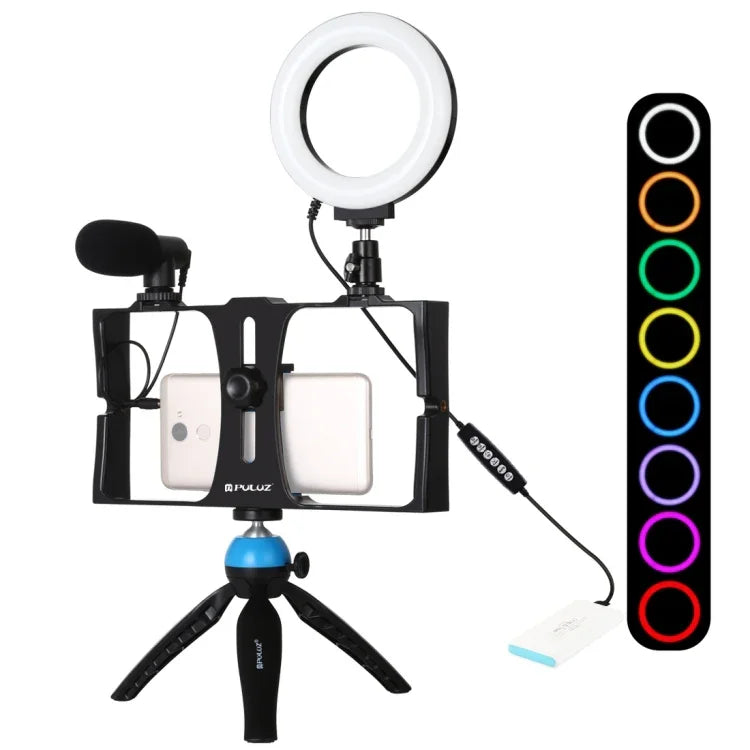 Bộ dụng cụ quay video trực tiếp Vlogging 4 trong 1 PULUZ với giá đỡ video điện thoại thông minh, đèn LED selfie vòng RGBW 4,7 inch 12cm, micro, giá đỡ chân máy bỏ túi và đầu chân máy Cold Shoe, 4 trong 1, Đèn LED vòng RGBW 4 trong 1