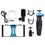 Bộ dụng cụ quay video trực tiếp Vlogging 4 trong 1 PULUZ với giá đỡ video điện thoại thông minh, đèn LED selfie vòng RGBW 4,7 inch 12cm, micro, giá đỡ chân máy bỏ túi và đầu chân máy Cold Shoe, 4 trong 1, Đèn LED vòng RGBW 4 trong 1