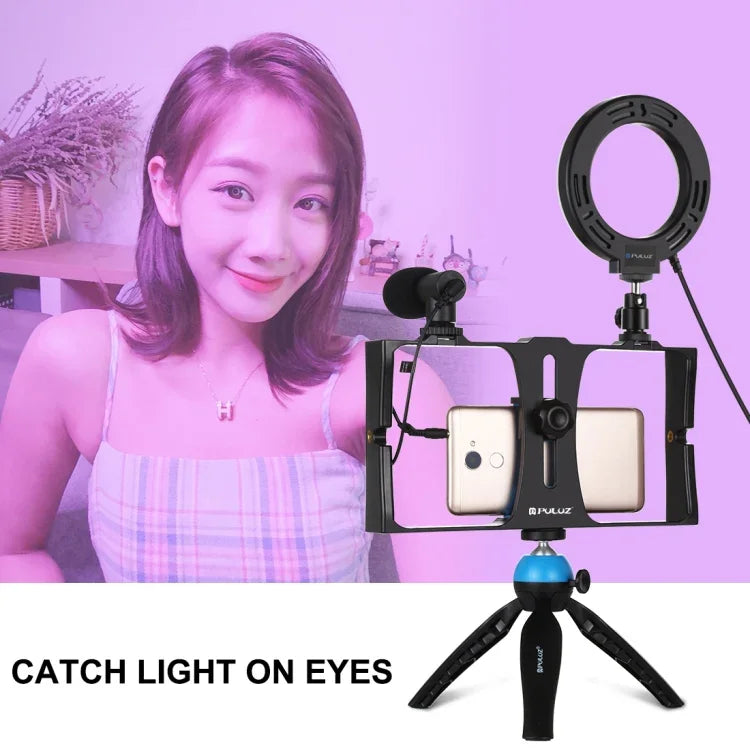 Bộ dụng cụ quay video trực tiếp Vlogging 4 trong 1 PULUZ với giá đỡ video điện thoại thông minh, đèn LED selfie vòng RGBW 4,7 inch 12cm, micro, giá đỡ chân máy bỏ túi và đầu chân máy Cold Shoe, 4 trong 1, Đèn LED vòng RGBW 4 trong 1