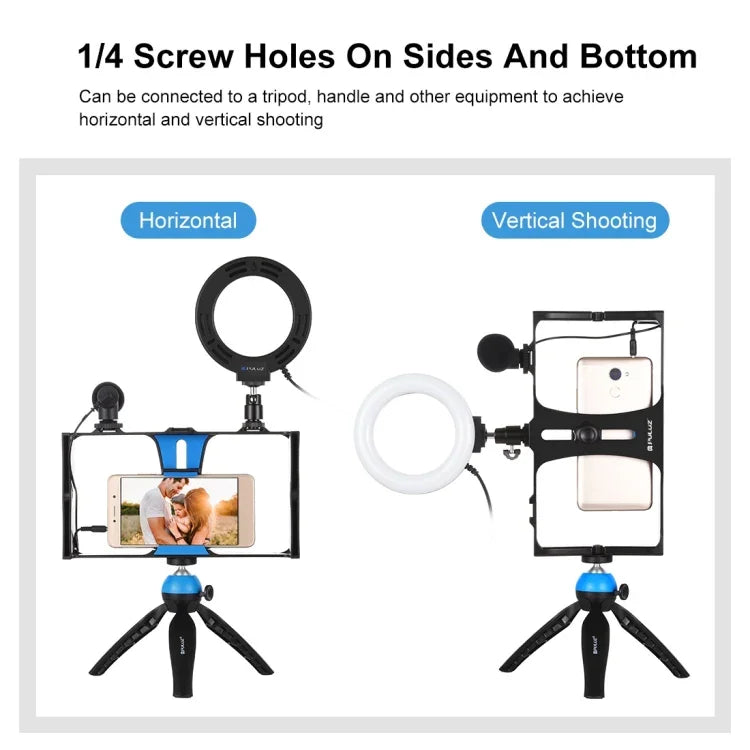 Bộ dụng cụ quay video trực tiếp Vlogging 4 trong 1 PULUZ với giá đỡ video điện thoại thông minh, đèn LED selfie vòng RGBW 4,7 inch 12cm, micro, giá đỡ chân máy bỏ túi và đầu chân máy Cold Shoe, 4 trong 1, Đèn LED vòng RGBW 4 trong 1
