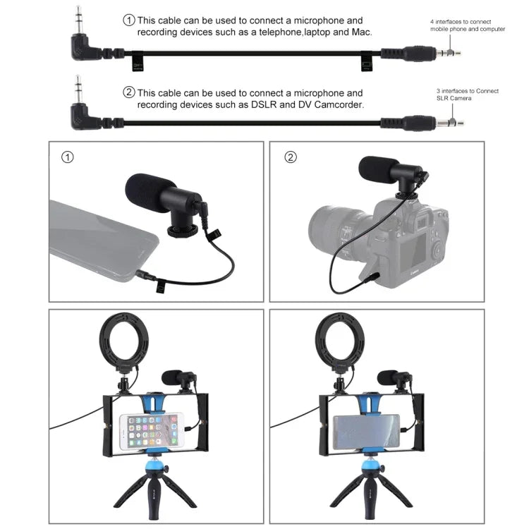 Bộ dụng cụ quay video trực tiếp Vlogging 4 trong 1 PULUZ với giá đỡ video điện thoại thông minh, đèn LED selfie vòng RGBW 4,7 inch 12cm, micro, giá đỡ chân máy bỏ túi và đầu chân máy Cold Shoe, 4 trong 1, Đèn LED vòng RGBW 4 trong 1