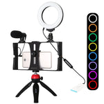 Bộ dụng cụ quay video trực tiếp Vlogging 4 trong 1 PULUZ với giá đỡ video điện thoại thông minh, đèn LED selfie vòng RGBW 4,7 inch 12cm, micro, giá đỡ chân máy bỏ túi và đầu chân máy Cold Shoe, 4 trong 1, Đèn LED vòng RGBW 4 trong 1