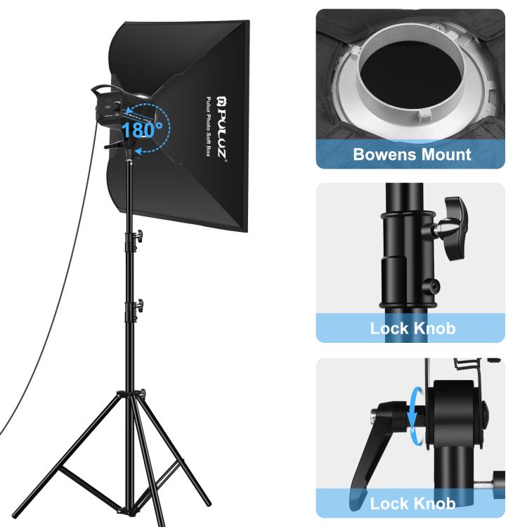Bộ đèn flash studio chớp PULUZ 120W kèm softbox phản quang & chân đế, bộ đèn hình chữ nhật 120W 2700K-6500K cắm EU, bộ đèn hình chữ nhật 120W 2700K-6500K cắm UK, bộ đèn hình chữ nhật 120W 2700K-6500K cắm US