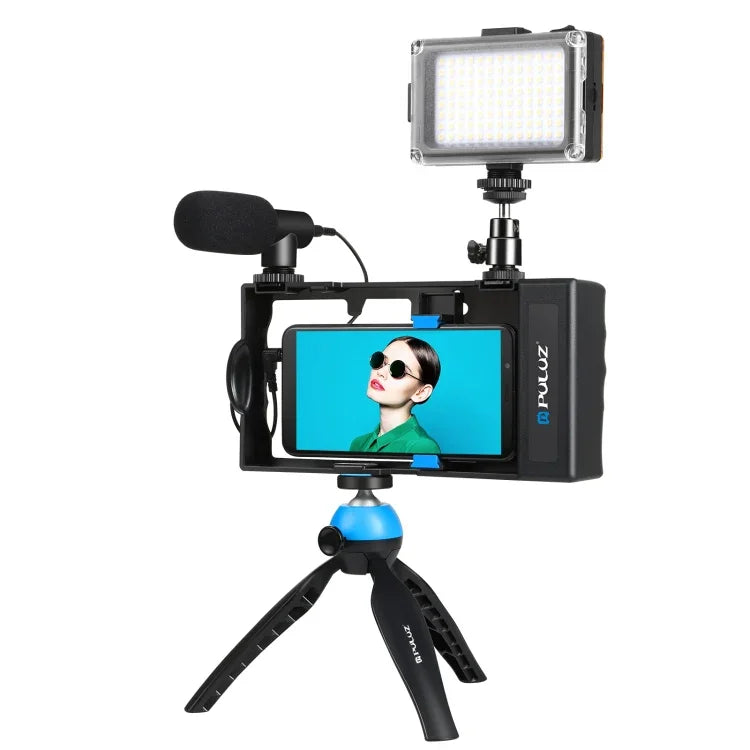 Bộ dụng cụ quay video livestream cầm tay Bluetooth 4 trong 1 PULUZ với đèn LED selfie, micro, giá đỡ chân máy + đầu chân máy cold shoe cho iPhone, Galaxy, Huawei, Xiaomi, HTC, LG, Google và các điện thoại thông minh khác, bộ rig Bluetooth 4 trong 1