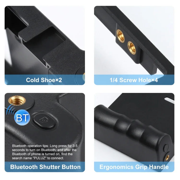 Bộ dụng cụ quay video livestream cầm tay Bluetooth 4 trong 1 PULUZ với đèn LED selfie, micro, giá đỡ chân máy + đầu chân máy cold shoe cho iPhone, Galaxy, Huawei, Xiaomi, HTC, LG, Google và các điện thoại thông minh khác, bộ rig Bluetooth 4 trong 1