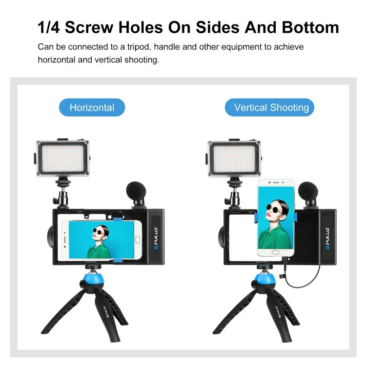 Bộ dụng cụ quay video livestream cầm tay Bluetooth 4 trong 1 PULUZ với đèn LED selfie, micro, giá đỡ chân máy + đầu chân máy cold shoe cho iPhone, Galaxy, Huawei, Xiaomi, HTC, LG, Google và các điện thoại thông minh khác, bộ rig Bluetooth 4 trong 1
