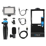 Bộ dụng cụ quay video livestream cầm tay Bluetooth 4 trong 1 PULUZ với đèn LED selfie, micro, giá đỡ chân máy + đầu chân máy cold shoe cho iPhone, Galaxy, Huawei, Xiaomi, HTC, LG, Google và các điện thoại thông minh khác, bộ rig Bluetooth 4 trong 1