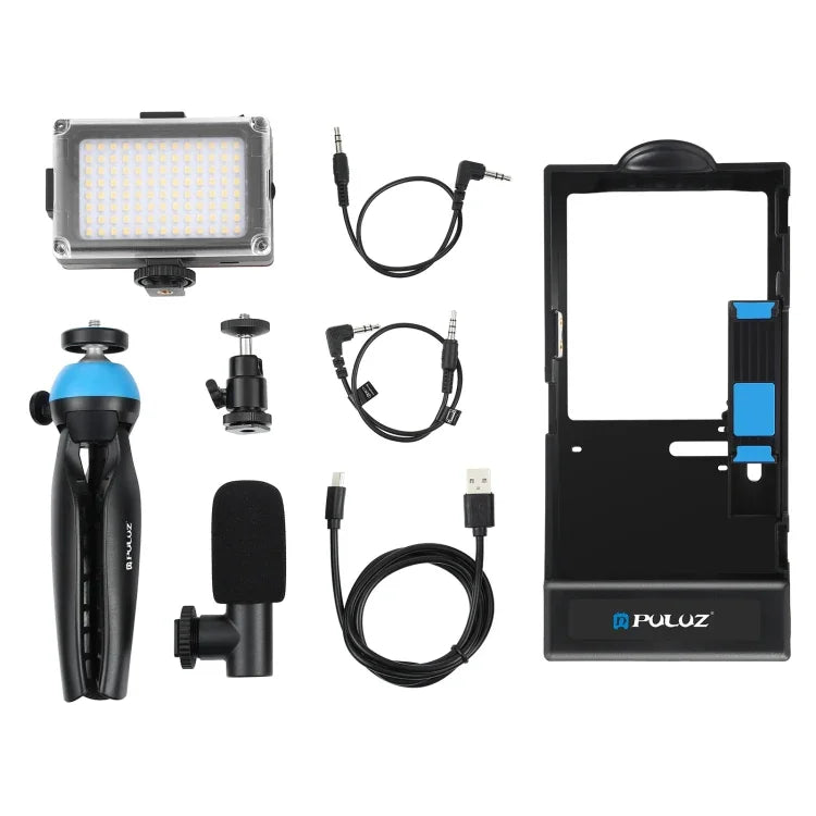 Bộ dụng cụ quay video livestream cầm tay Bluetooth 4 trong 1 PULUZ với đèn LED selfie, micro, giá đỡ chân máy + đầu chân máy cold shoe cho iPhone, Galaxy, Huawei, Xiaomi, HTC, LG, Google và các điện thoại thông minh khác, bộ rig Bluetooth 4 trong 1