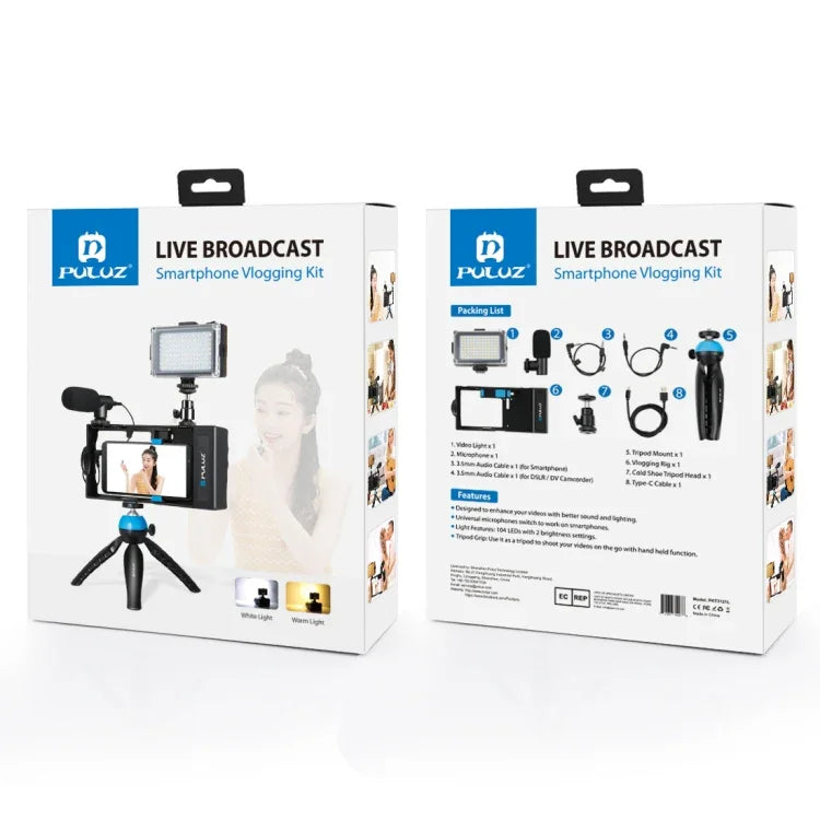Bộ dụng cụ quay video livestream cầm tay Bluetooth 4 trong 1 PULUZ với đèn LED selfie, micro, giá đỡ chân máy + đầu chân máy cold shoe cho iPhone, Galaxy, Huawei, Xiaomi, HTC, LG, Google và các điện thoại thông minh khác, bộ rig Bluetooth 4 trong 1