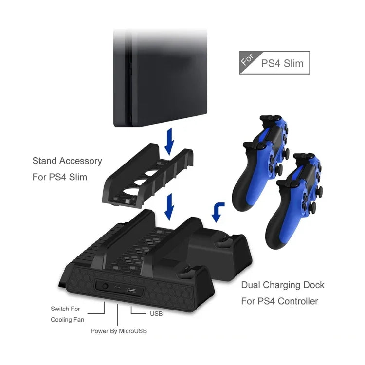 Quạt làm mát 3 trong 1 + Khe đựng game + Đế sạc tay cầm chơi game DOBE TP4-882 cho Sony PS4 / PS4 Pro / PS4 Slim, Dùng cho PS4 / PS4 Pro / PS4 Slim
