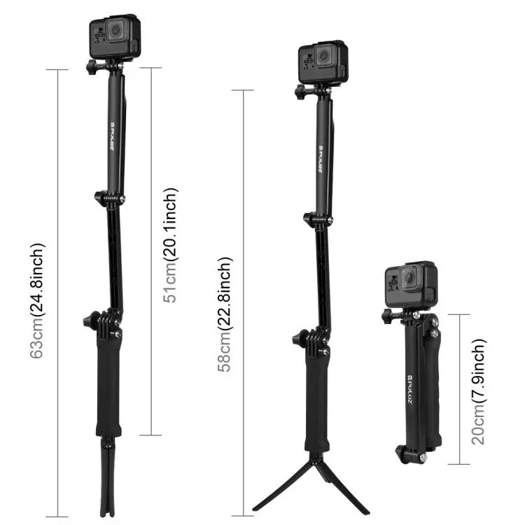 Gậy tự sướng gập ba chiều PULUZ kiêm chân máy mở rộng cho GoPro, Insta360 ONE R, DJI Osmo Action và các máy quay hành động khác, Chiều dài: 20-58cm, Chiều dài: 20-58cm