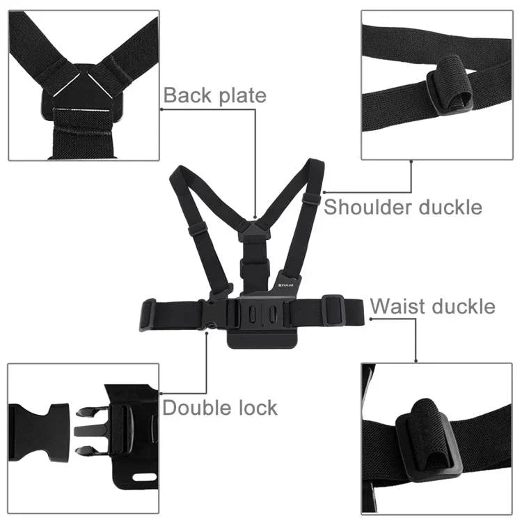 Dây Đeo Ngực Gắn Thân Máy Điều Chỉnh Được PULUZ Kèm Móc J & Vít Dài Cho GoPro, Insta360, DJI và Các Máy Quay Hành Động Khác, Dây Đeo Ngực