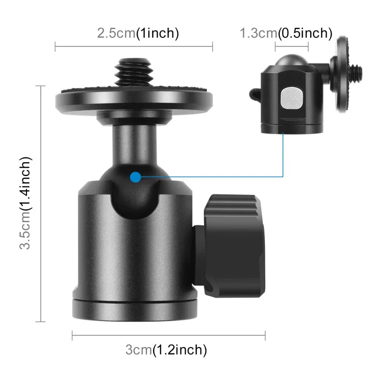 Adapter đầu bi chân máy kim loại ren trong 1/4 inch PULUZ có khóa núm, Ren trong 1/4 inch