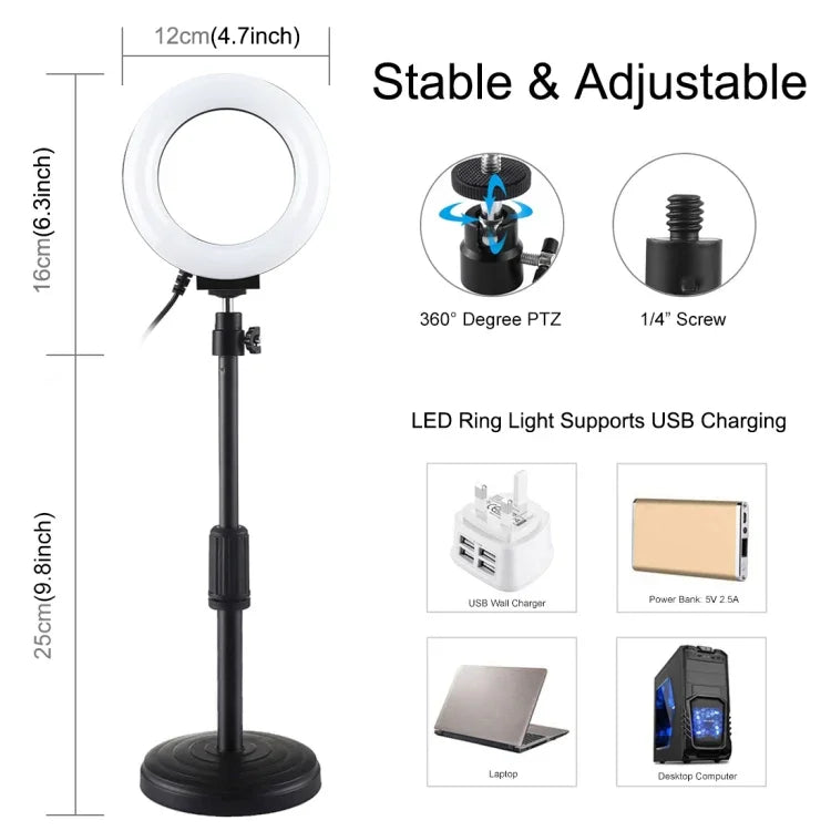 PULUZ Giá Đỡ Bàn Tròn + Đèn LED Vòng USB 4.7 inch 12cm 3 Chế Độ Dimmable Ánh Sáng Vlogging Video, Chiều Cao Điều Chỉnh: 15.5cm-25.5cm, Giá Đỡ Bàn + 4.7 inch