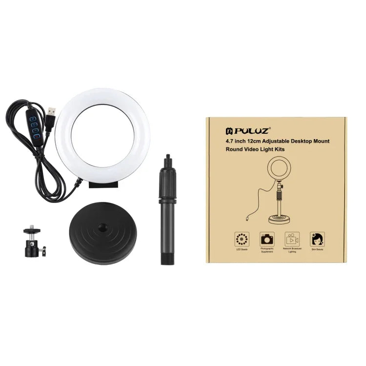 PULUZ Giá Đỡ Bàn Tròn + Đèn LED Vòng USB 4.7 inch 12cm 3 Chế Độ Dimmable Ánh Sáng Vlogging Video, Chiều Cao Điều Chỉnh: 15.5cm-25.5cm, Giá Đỡ Bàn + 4.7 inch
