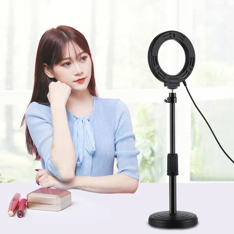 PULUZ Giá Đỡ Bàn Tròn + Đèn LED Vòng USB 4.7 inch 12cm 3 Chế Độ Dimmable Ánh Sáng Vlogging Video, Chiều Cao Điều Chỉnh: 15.5cm-25.5cm, Giá Đỡ Bàn + 4.7 inch