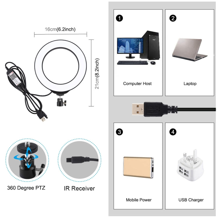 Đèn LED vòng USB RGBW 6.2 inch 16cm có thể điều chỉnh độ sáng PULUZ cho vlog, chụp ảnh, quay video kèm chân đế cold shoe, đầu bi & điều khiển từ xa, 6.2 inch RGBW / điều khiển từ xa