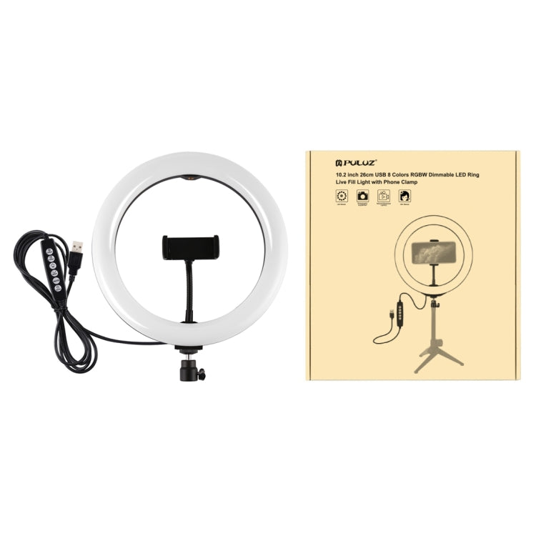 Đèn LED vòng USB 10.2 inch 26cm 10 chế độ 8 màu RGBW có thể điều chỉnh độ sáng PULUZ cho vlog, chụp ảnh, quay video kèm chân đế cold shoe, đầu bi & kẹp điện thoại, 10.2 inch RGBW