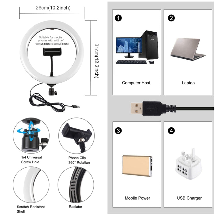 Đèn LED vòng USB 10.2 inch 26cm 10 chế độ 8 màu RGBW có thể điều chỉnh độ sáng PULUZ cho vlog, chụp ảnh, quay video kèm chân đế cold shoe, đầu bi & kẹp điện thoại, 10.2 inch RGBW
