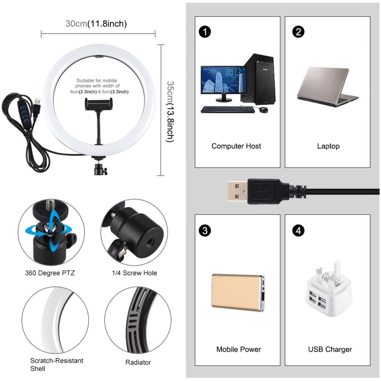 Đèn LED vòng USB 11.8 inch 30cm 3 chế độ có thể điều chỉnh độ sáng, nhiệt độ màu kép PULUZ cho vlog, selfie, chụp ảnh, quay video kèm kẹp điện thoại, 11.8 inch