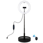 Đèn LED vòng cong PULUZ 10.2 inch 26cm USB 3 chế độ, điều chỉnh độ sáng, nhiệt độ màu kép cho vlog, selfie, chụp ảnh, quay video, có điều khiển từ xa Bluetooth, giá đỡ bàn gập và kẹp điện thoại