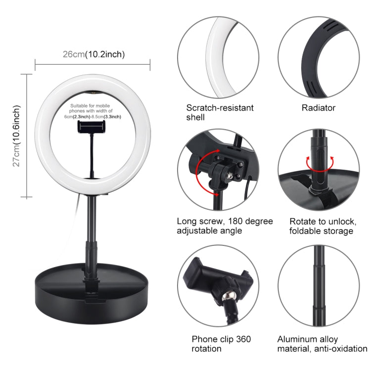 Đèn LED vòng cong PULUZ 10.2 inch 26cm USB 3 chế độ, điều chỉnh độ sáng, nhiệt độ màu kép cho vlog, selfie, chụp ảnh, quay video, có điều khiển từ xa Bluetooth, giá đỡ bàn gập và kẹp điện thoại