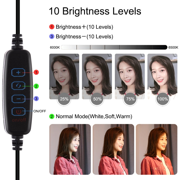 Đèn LED vòng cong PULUZ 10.2 inch 26cm USB 3 chế độ, điều chỉnh độ sáng, nhiệt độ màu kép cho vlog, selfie, chụp ảnh, quay video, có điều khiển từ xa Bluetooth, giá đỡ bàn gập và kẹp điện thoại