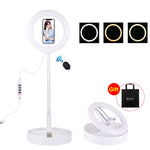Đèn LED vòng cong PULUZ 10.2 inch 26cm USB 3 chế độ, điều chỉnh độ sáng, nhiệt độ màu kép cho vlog, selfie, chụp ảnh, quay video, có điều khiển từ xa Bluetooth, giá đỡ bàn gập và kẹp điện thoại