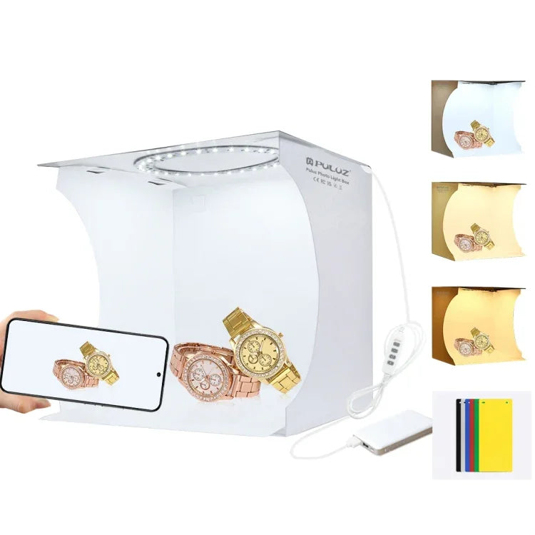 Bộ Đèn LED PULUZ 23cm Hình Vòng Gập Di Động Cho Studio Ảnh Với 6 Phông Nền Màu (Đen, Trắng, Vàng, Đỏ, Xanh Lá, Xanh Dương), Kích Thước Mở Rộng: 24cm x 23cm x 23cm, Đèn LED Vòng 23cm