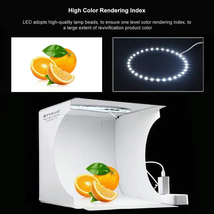 Bộ Đèn LED PULUZ 23cm Hình Vòng Gập Di Động Cho Studio Ảnh Với 6 Phông Nền Màu (Đen, Trắng, Vàng, Đỏ, Xanh Lá, Xanh Dương), Kích Thước Mở Rộng: 24cm x 23cm x 23cm, Đèn LED Vòng 23cm