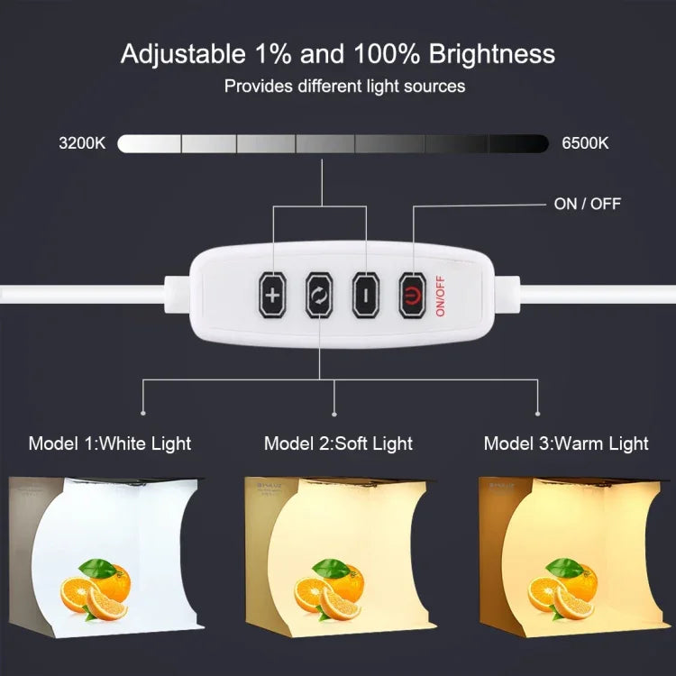 Bộ Đèn LED PULUZ 23cm Hình Vòng Gập Di Động Cho Studio Ảnh Với 6 Phông Nền Màu (Đen, Trắng, Vàng, Đỏ, Xanh Lá, Xanh Dương), Kích Thước Mở Rộng: 24cm x 23cm x 23cm, Đèn LED Vòng 23cm