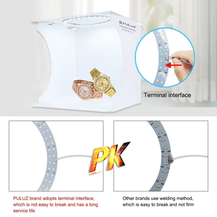 Bộ Đèn LED PULUZ 23cm Hình Vòng Gập Di Động Cho Studio Ảnh Với 6 Phông Nền Màu (Đen, Trắng, Vàng, Đỏ, Xanh Lá, Xanh Dương), Kích Thước Mở Rộng: 24cm x 23cm x 23cm, Đèn LED Vòng 23cm