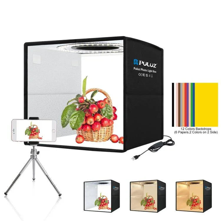 Đèn vòng nhiệt độ màu kép 3 chế độ gập gọn PULUZ 25cm, hộp chụp ảnh studio với 6 phông nền hai mặt, Kích thước: 25cm x 25cm x 25cm, Hộp 3 nhiệt độ màu 25cm màu đen