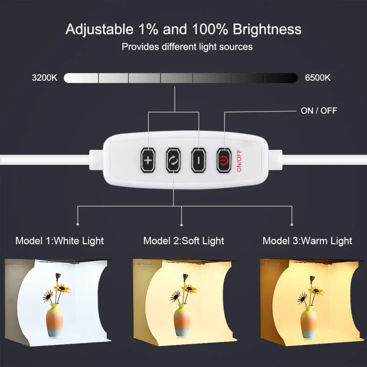 Bộ đèn vòng gập di động PULUZ 30cm cho studio chụp ảnh kèm 6 phông nền màu (Đen, Trắng, Vàng, Đỏ, Xanh lá, Xanh dương), kích thước mở: 31cm x 31cm x 32cm, hộp 30cm