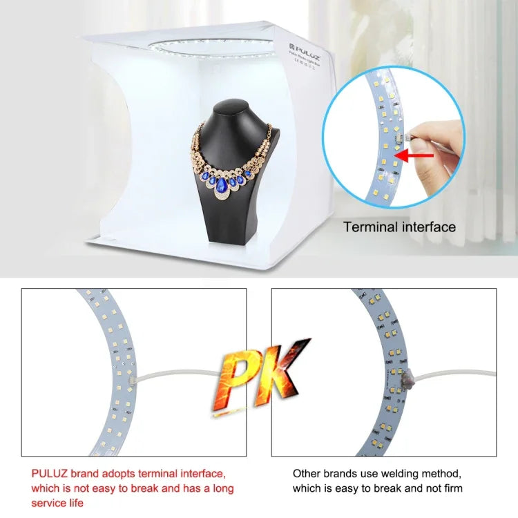 Bộ đèn vòng gập di động PULUZ 30cm cho studio chụp ảnh kèm 6 phông nền màu (Đen, Trắng, Vàng, Đỏ, Xanh lá, Xanh dương), kích thước mở: 31cm x 31cm x 32cm, hộp 30cm