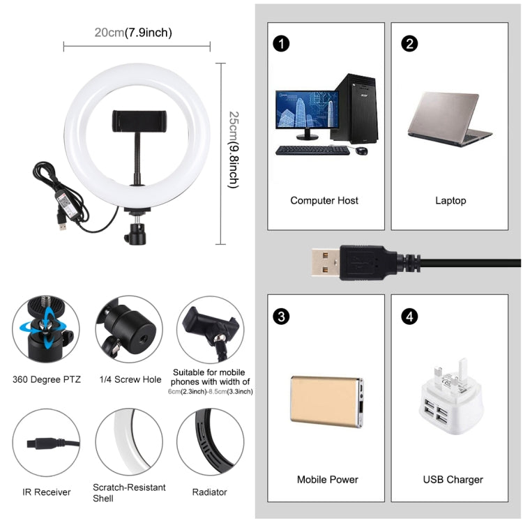 Đèn LED vòng cong PULUZ 7.9 inch 20cm USB RGB điều chỉnh độ sáng, nhiệt độ màu kép cho vlog, selfie, chụp ảnh, quay video, có kẹp điện thoại, 7.9 inch RGBW