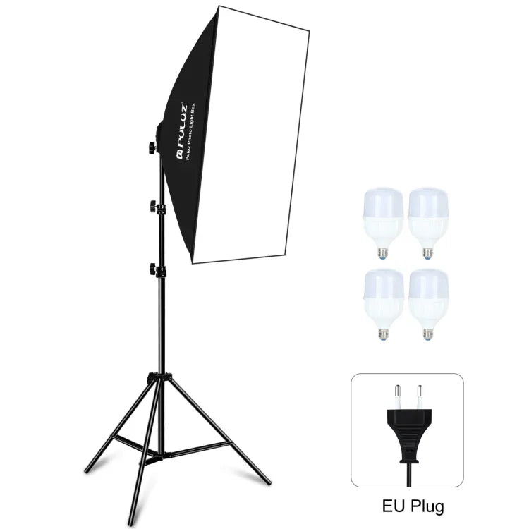 Bộ studio PULUZ softbox 50x70cm + giá đỡ chân máy 2m + 4 bóng đèn LED 220V E27 20W 5700K ánh sáng trắng, 4 bóng EU, 4 bóng US