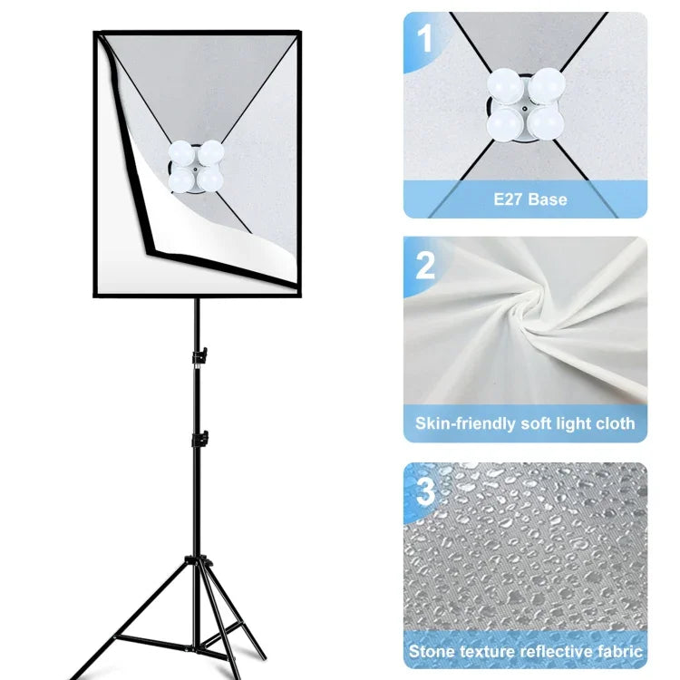 Bộ studio PULUZ softbox 50x70cm + giá đỡ chân máy 2m + 4 bóng đèn LED 220V E27 20W 5700K ánh sáng trắng, 4 bóng EU, 4 bóng US