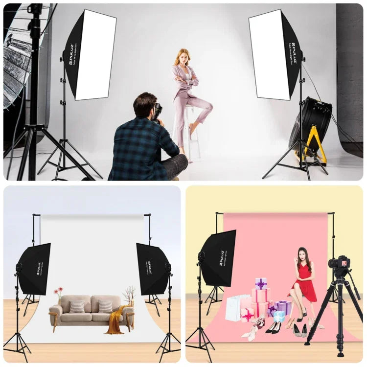 Bộ studio PULUZ softbox 50x70cm + giá đỡ chân máy 2m + 4 bóng đèn LED 220V E27 20W 5700K ánh sáng trắng, 4 bóng EU, 4 bóng US