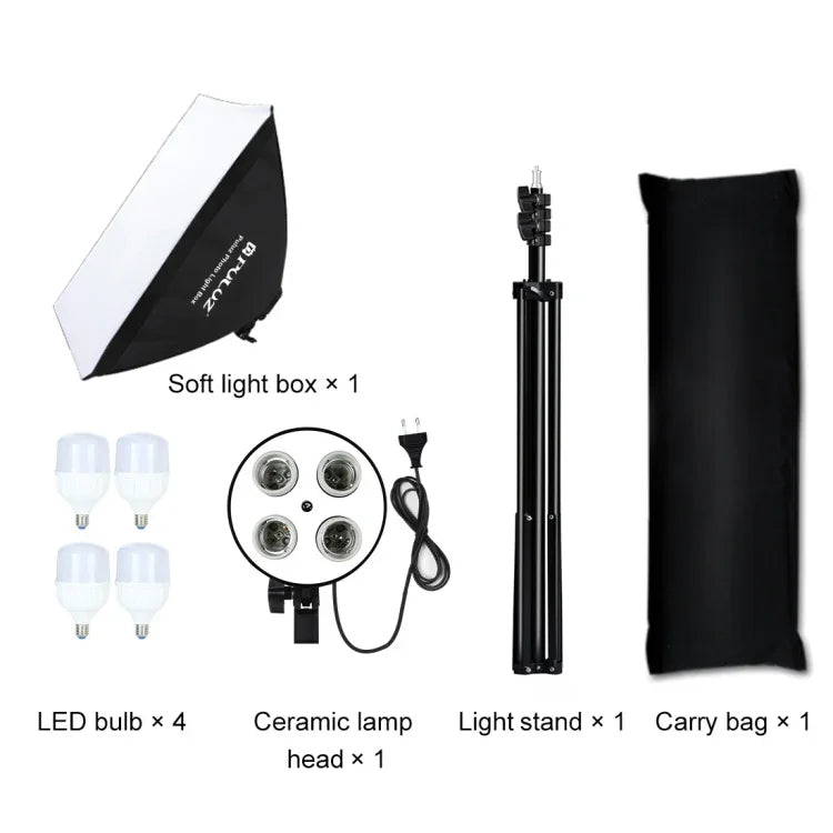 Bộ studio PULUZ softbox 50x70cm + giá đỡ chân máy 2m + 4 bóng đèn LED 220V E27 20W 5700K ánh sáng trắng, 4 bóng EU, 4 bóng US