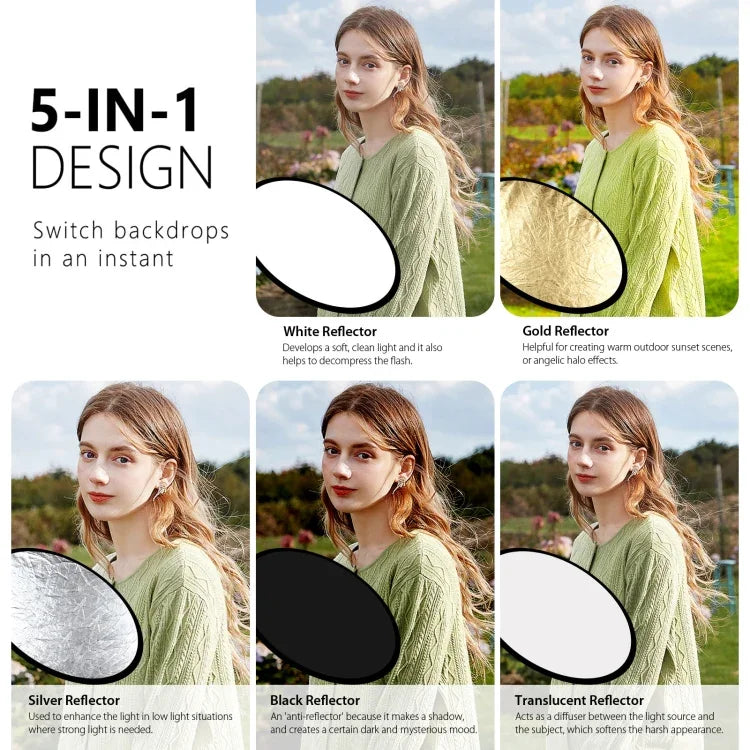 PULUZ Bảng phản chiếu studio chụp ảnh gập 5 trong 1 80cm (Bạc / Trong suốt / Vàng / Trắng / Đen), Bảng phản chiếu 80cm