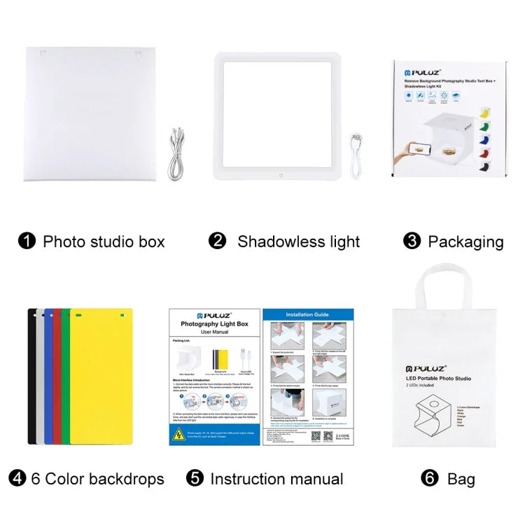 Đèn LED chụp ảnh không bóng PULUZ mini + lều chụp studio, chất liệu acrylic, diện tích hiệu quả 20cm x 20cm, 20cm (2 LED) + đèn không bóng