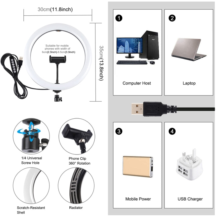 Đèn LED vòng cong PULUZ 11.8 inch 30cm USB 10 chế độ 8 màu RGBW điều chỉnh độ sáng cho vlog, chụp ảnh, quay video, có chân đế tripod đầu bi và kẹp điện thoại, điều khiển nút bấm 11.8 inch