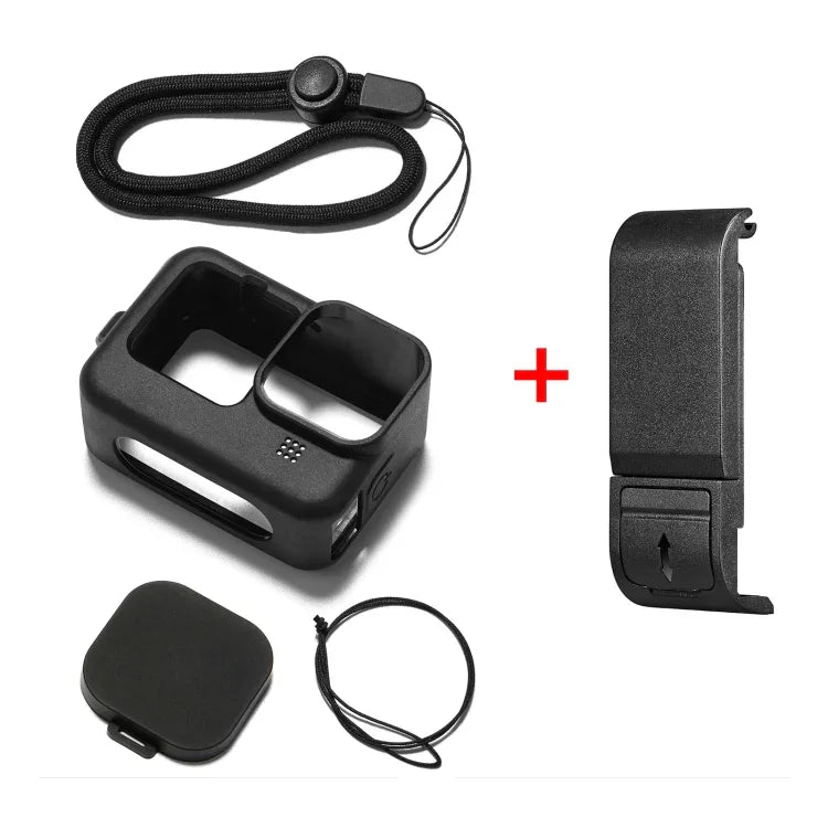 PULUZ Ốp bảo vệ silicone cho GoPro HERO12 Black /11 Black /10 Black /9 Black + Nắp che giao diện bên POM kèm dây đeo cổ tay & nắp ống kính, Ốp silicone cho GoPro HERO12 Black + Nắp bên