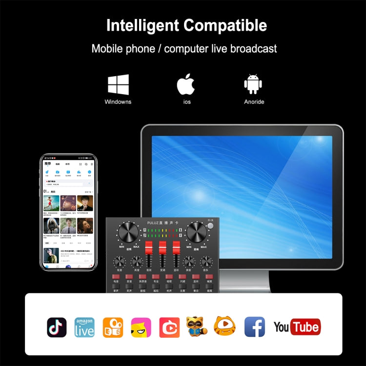 Card âm thanh phát sóng trực tiếp PULUZ Bluetooth karaoke thu âm, mixer âm thanh cho điện thoại di động / máy tính / laptop / máy tính bảng, phiên bản Trung Quốc