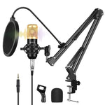 Bộ micro tụ điện phòng thu phát sóng chuyên nghiệp PULUZ với tay đỡ cắt kéo treo, giá đỡ chống sốc kim loại và thẻ âm thanh USB, Nguồn 48V, Bộ micro 48V (Vàng)