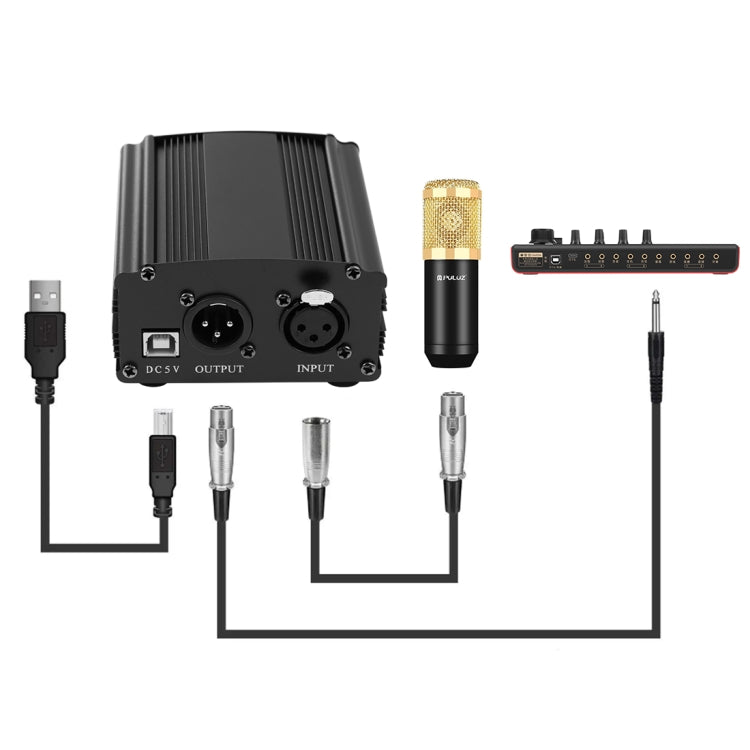 Bộ micro tụ điện phòng thu phát sóng chuyên nghiệp PULUZ với tay đỡ cắt kéo treo, giá đỡ chống sốc kim loại và thẻ âm thanh USB, Nguồn 48V, Bộ micro 48V (Vàng)