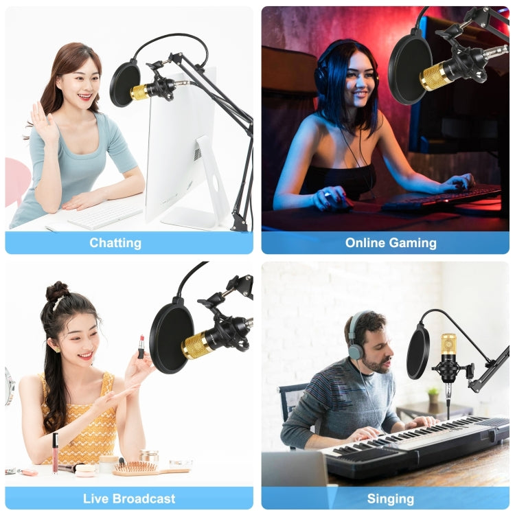 Bộ micro tụ điện phòng thu phát sóng chuyên nghiệp PULUZ với tay đỡ cắt kéo treo, giá đỡ chống sốc kim loại và thẻ âm thanh USB, Nguồn 48V, Bộ micro 48V (Vàng)